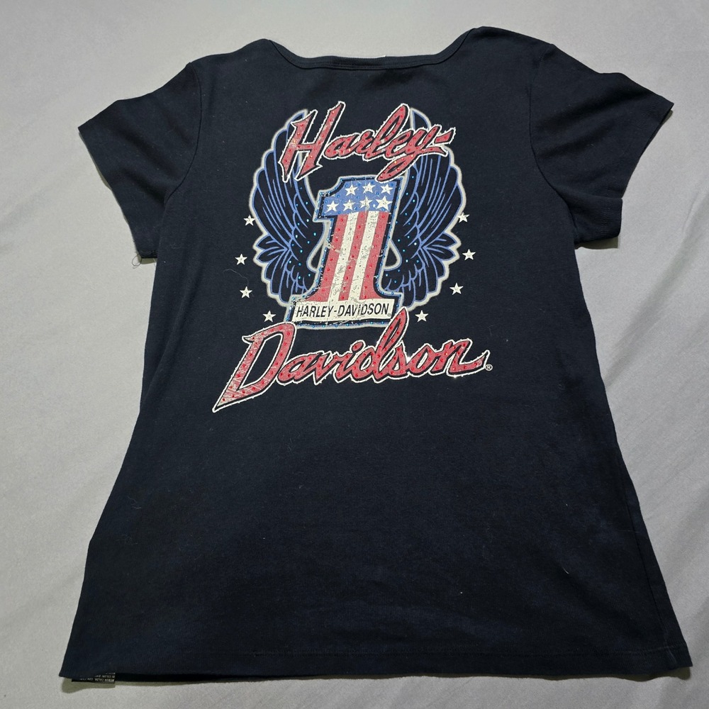 Vintage Harley Davidson Graphic Top Women 1W Black Rhinestone Winged Logo